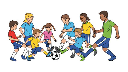 Youth Soccer Game: Dynamic illustration of children engaged in a spirited soccer game, showcasing the energy and enthusiasm of youth.