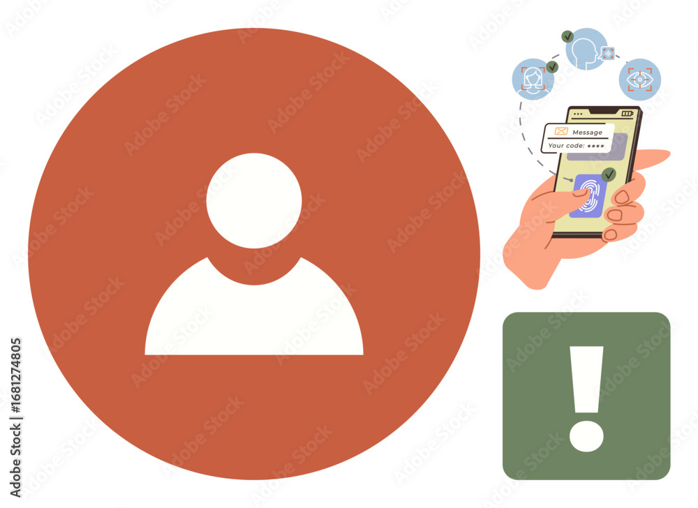 Aufkleber user profile in circle, hand holding a smartphone showing verification code. alert icon in square em