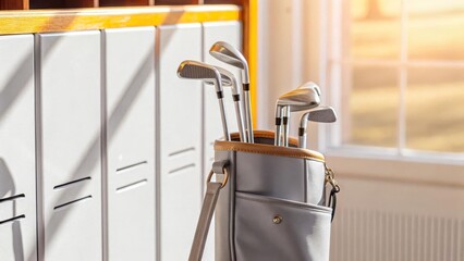 light-gray golf bag holding a set of golf clubs, positioned indoors near a white cabinet and a sunlit window