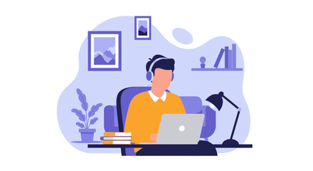 Focused man working remotely on his laptop at a comfortable home desk, wearing headphones. Ideal for online learning, remote work, or digital lifestyle concepts.