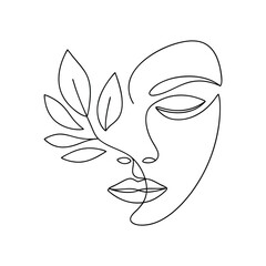Elegant face with leaves line art woman nature