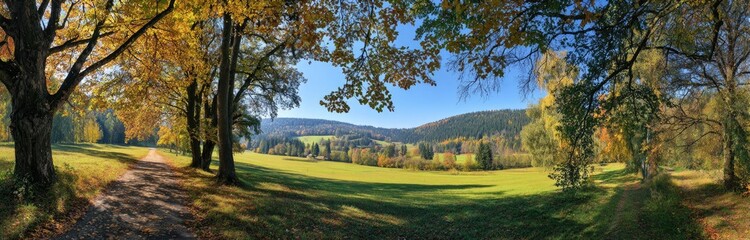 Fototapeta premium Panoramic view of a path through autumnal trees leading to a valley