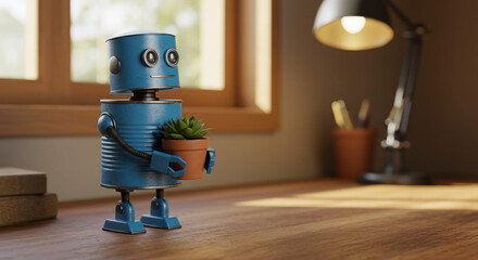 Charming blue robot character holding a potted succulent plant on a wooden desk near a window.