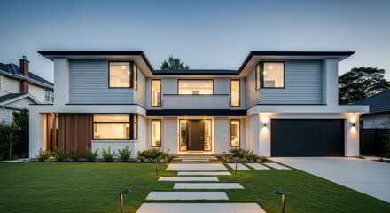 Modern house facade at twilight