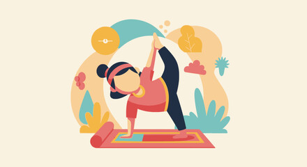 Vector illustration of a woman practicing yoga on a mat, emphasizing health, wellness, and a balanced lifestyle. Ideal for fitness and self-care concepts.