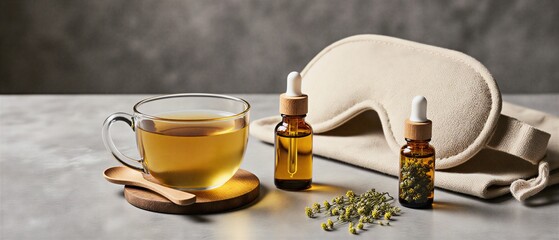 soft textures and chamomile tea for peaceful sleep with eye mask | sleep, relax, ritual, wellness, natural theme