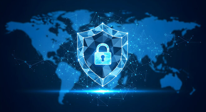 Digital security concept with padlock shield and world map background