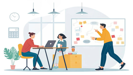 Professional team collaborating in a modern office, discussing strategies and ideas on a whiteboard. Ideal for business, teamwork, and planning concepts.
