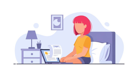 Woman with red hair working remotely on a laptop in bed. Represents remote work, freelance, home office, or online learning. Comfortable and productive lifestyle.