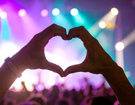 Expressing love and passion with heart hands at a vibrant concert, feeling the music