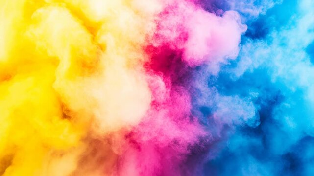 Colorful smoke bomb expanding in a gradient from yellow to magenta to blue