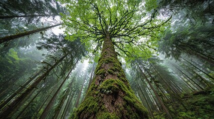 Majestic tree in misty forest