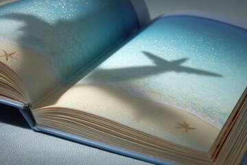 Open book displaying beach scene with airplane shadow casting vacation travel destination concept close up