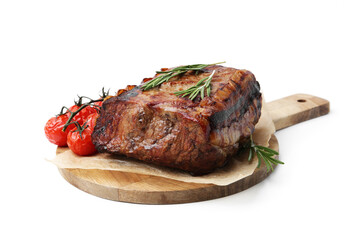 Delicious roast beef with rosemary and tomatoes isolated on white