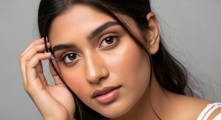 Fototapeta premium Close up shot of a young woman with brown eyes and dark hair posing with her hand near her face