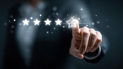 Hand points to glowing review stars