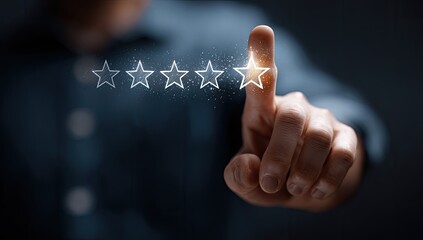 A hand points to a glowing five-star rating, digitally projected