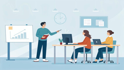 Naklejka premium Professional business meeting or training session with a male presenter explaining growth charts to female colleagues in a modern office environment.
