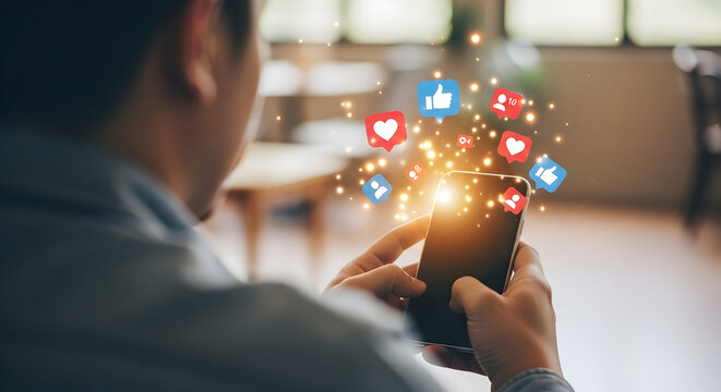 Person using smartphone with social media icons, trending online engagement