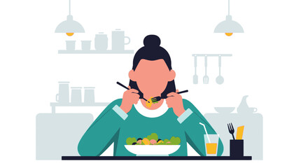 Woman enjoying a fresh, healthy salad and orange juice in a bright kitchen, embodying a balanced lifestyle and wellness.