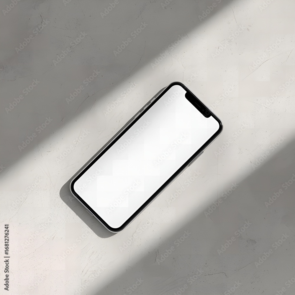 Poster modern smartphone with blank screen casting shadows on a textured surface in natural light