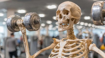 Skeleton lifting dumbbells in a modern gym setting during a workout session focused on fitness and strength training