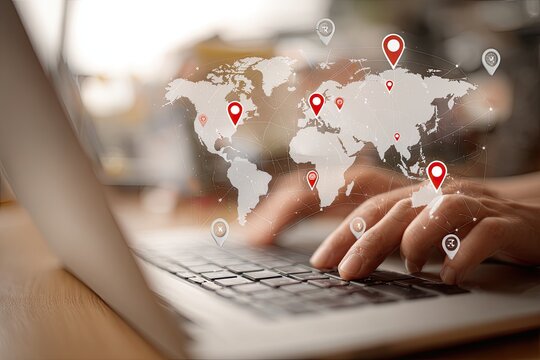 Hands typing on a laptop, world map overlay with location pins