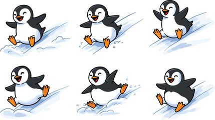 Cartoon penguin sliding on snowy slope, playful winter animal poses, expressive character sequence, stock illustration, white background, dynamic motion
