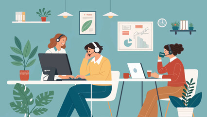 Diverse team collaborating in a modern office, providing customer support or call center services. Illustrates effective communication and teamwork in a professional environment.