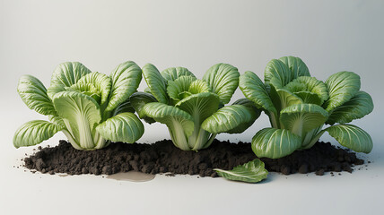 Three heads of fresh green bok choy planted in a neat row of dark soil against a light background.