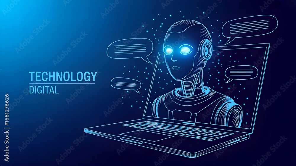 Wall mural ai chatbot hologram with speech bubbles on blue tech background – low poly wireframe robot mascot as