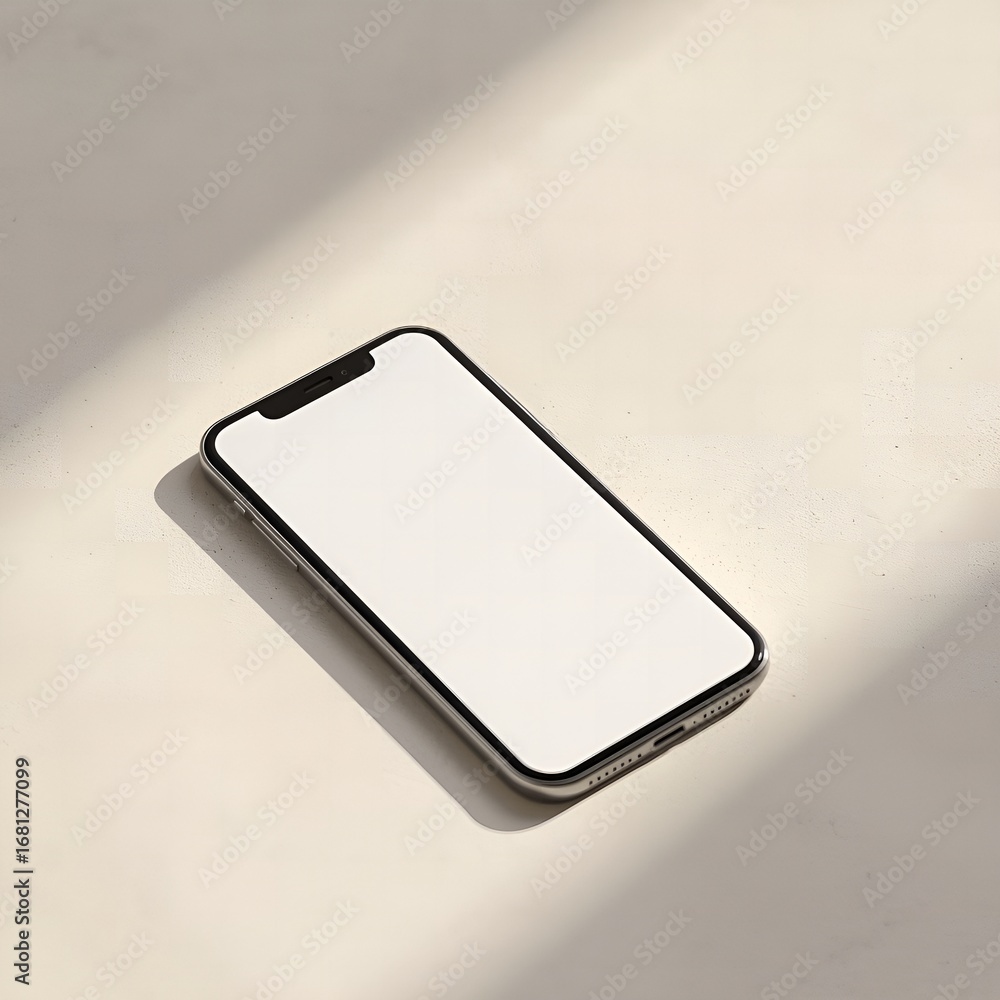 Aufkleber modern smartphone displaying blank screen with subtle shadow and light play on a textured surface
