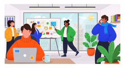 Diverse business team collaborating in a modern office, presenting data and working on projects. Ideal for corporate, teamwork, and startup concepts.
