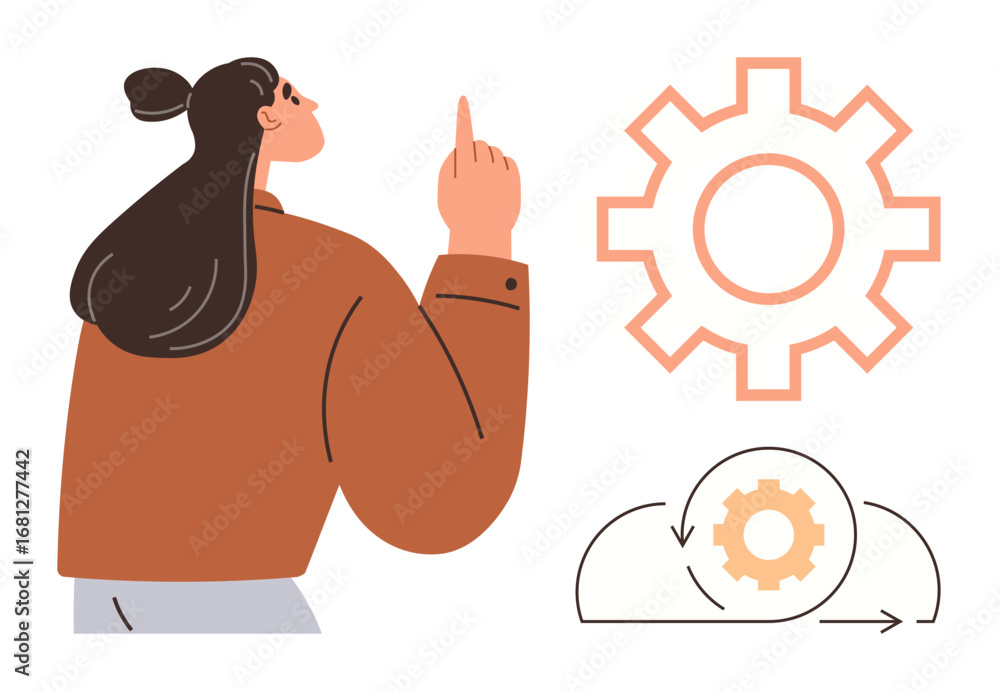 Poster woman points at gear, symbolizing process management and automation concepts with a cloud and circul