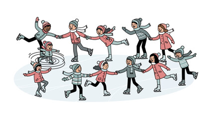 Ice Skating Friends: Capturing the essence of camaraderie and winter fun, a diverse group of children gleefully glide across an ice rink, their synchronized movements and joyful expressions.