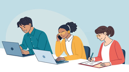 Diverse team of professionals working productively on laptops and taking notes. Ideal for business, collaboration, or office lifestyle concepts.