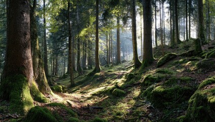 Sunlight streams through a mossy forest (2)