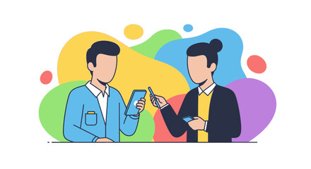 Two individuals interact with smartphones, highlighting communication, data exchange, and digital technology use in a modern business or lifestyle context.