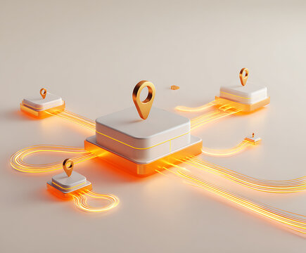 3d location markers connected by glowing orange lines on white blocks representing network or data flow with futuristic design and smooth surface