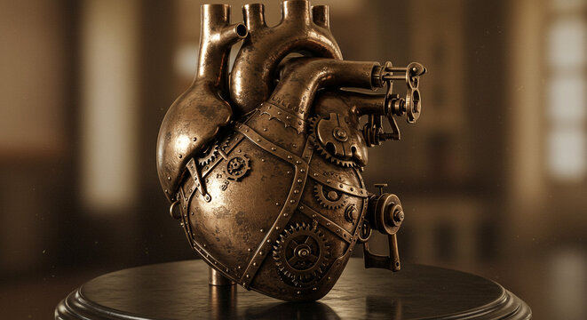 Intricate steampunk heart sculpture with gears and pipes, a unique fusion of biology and mechanics