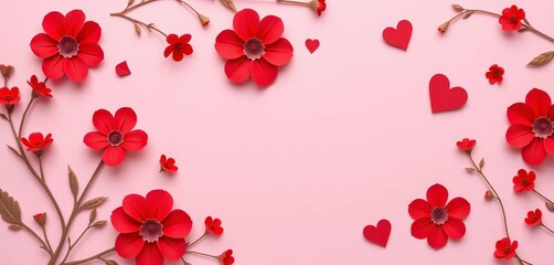 Delicate paper cut red flowers & hearts on soft pink background , romantic, handmade