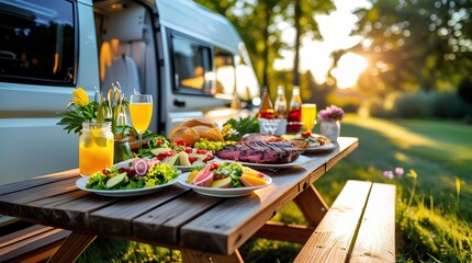 A beautiful picnic scene beside a camper van with a wooden table full of fresh, delicious food, perfect for outdoor dining and relaxation