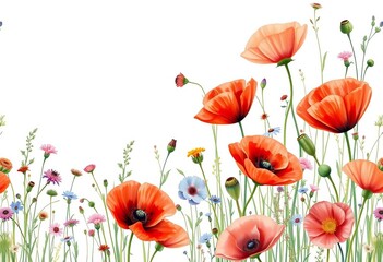 Fototapeta premium Delicate watercolor meadow floral seamless pattern featuring poppies, cornflowers, and other wildflowers on white, hand-drawn, cornflower