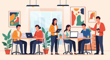 Diverse team collaborating in a modern office, working on laptops and discussing ideas. Ideal for business, startup, and corporate themes.