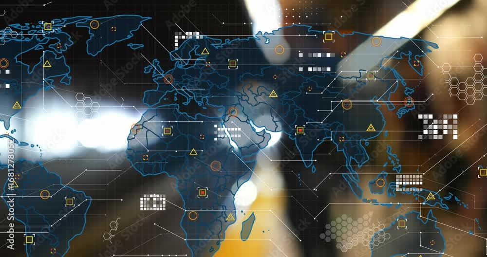 Poster animation of world map with data processing moving over underground train arriving at metro station