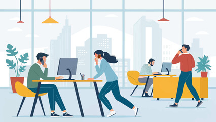 Busy professionals working and communicating in a modern, open-plan office with a city view. Ideal for business, technology, or corporate themes.