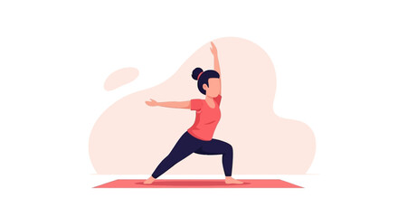 Woman practicing yoga Warrior II pose on a mat, symbolizing balance, strength, and modern wellness. Ideal for health, fitness, or lifestyle content.