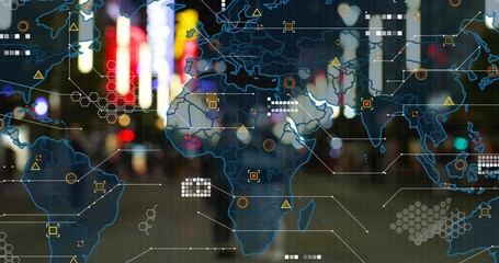 Animation of world map with data processing over pedestrians on city street at night - Powered by Adobe