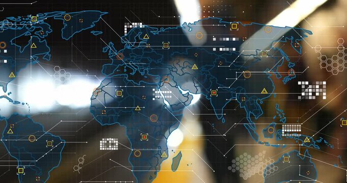 Animation of world map with data processing moving over underground train arriving at metro station
