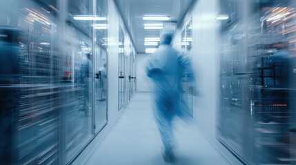 Fototapeta premium A blurred motion image of a medical professional in a sterile environment, showcasing dedication in healthcare.